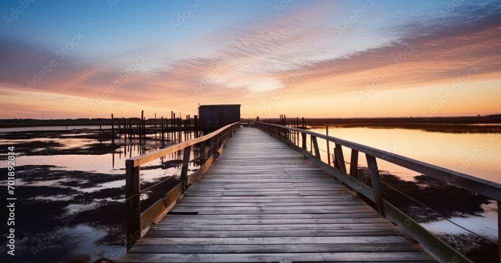The Warm Glow of Sunset on a Picturesque Wooden Boardwalk. Generative AI