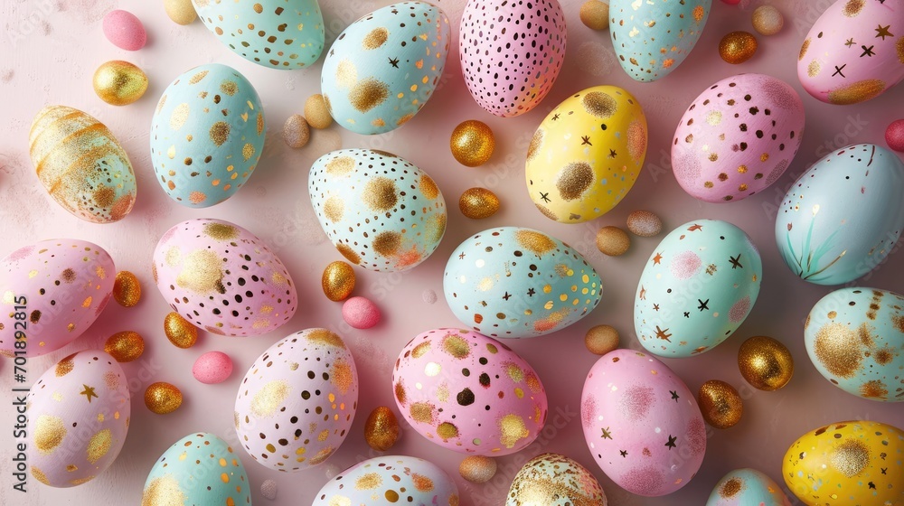 group of painted colorful eggs, seasonal Easter decoration, holiday celebration concept