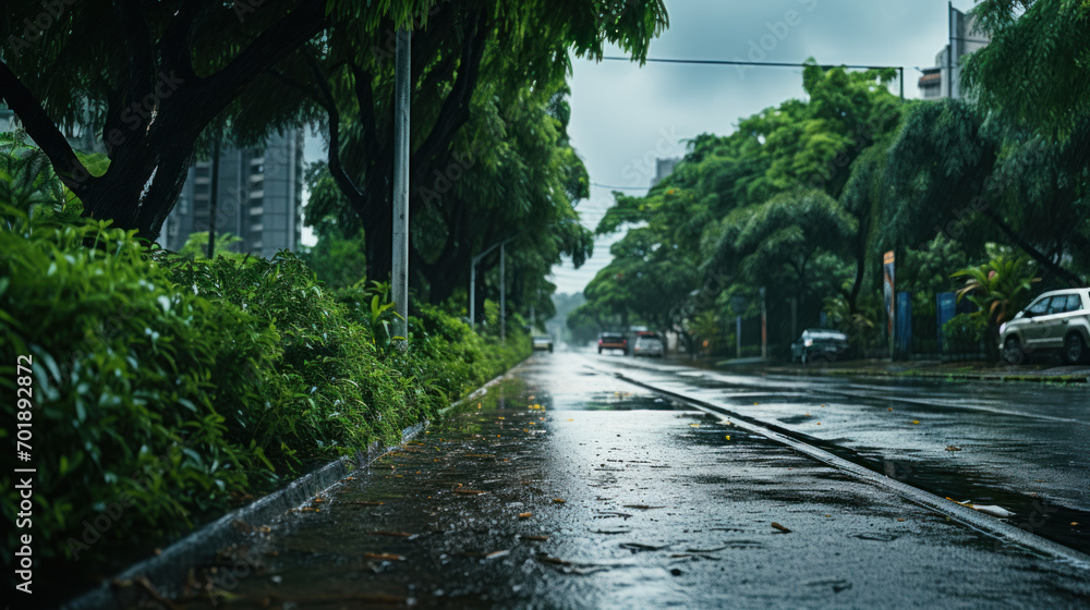 Rainy weather on a street of a town Rainy weather on a street of a town
