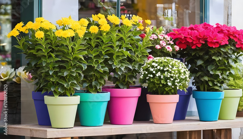 Colorful flower pots with flowers in shop