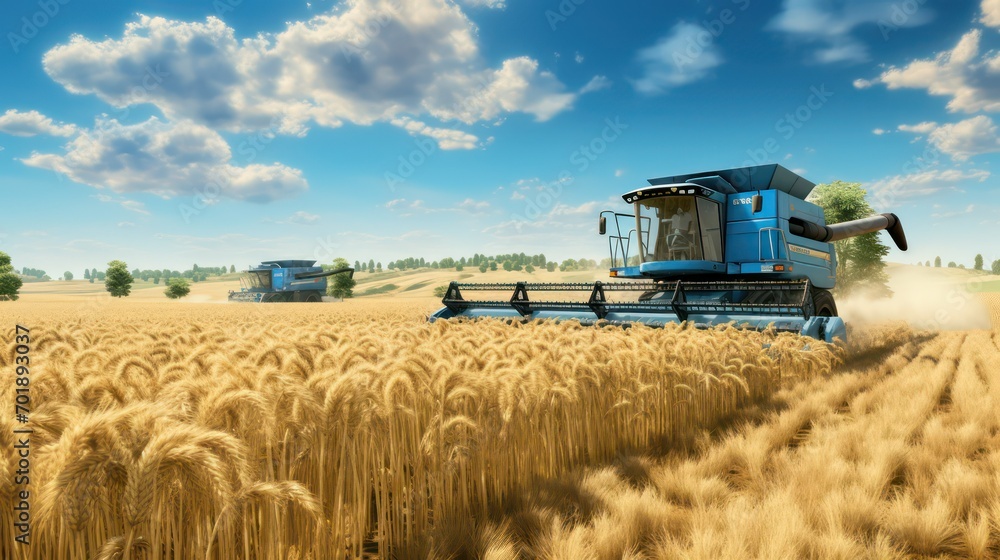 Obraz premium Combine harvester working on wheat field