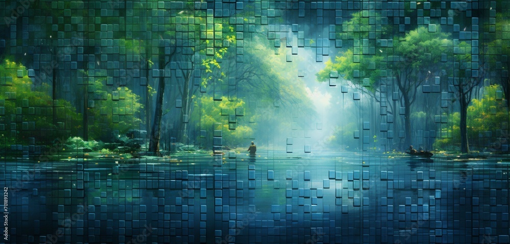 Abstract digital pixel design of a tranquil pond scene in blue and green on a 3D textured wall, focusing on abstract digital pixel design