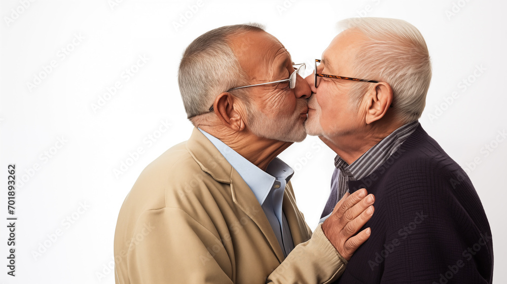 Senior men expressing affection through a soft kiss with entwined hands against a stark, white backdrop. Senior men expressing affection through a soft kiss with entwined hands against a stark, white backdrop.