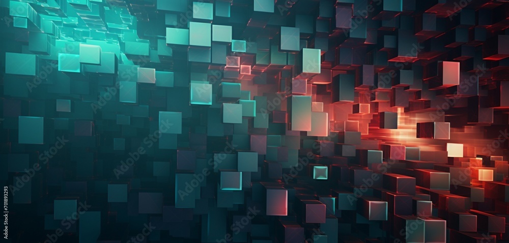 Abstract digital pixel design featuring angular lines in turquoise and maroon on a 3D wall, accentuating abstract digital pixel design