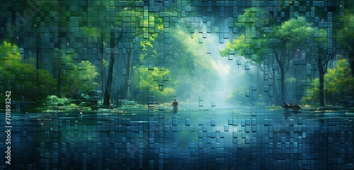 Abstract digital pixel design of a tranquil pond scene in blue and green on a 3D textured wall  focusing on abstract digital pixel design