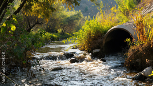 Wastewater flowing out of pipe, environmental pollution concept photo