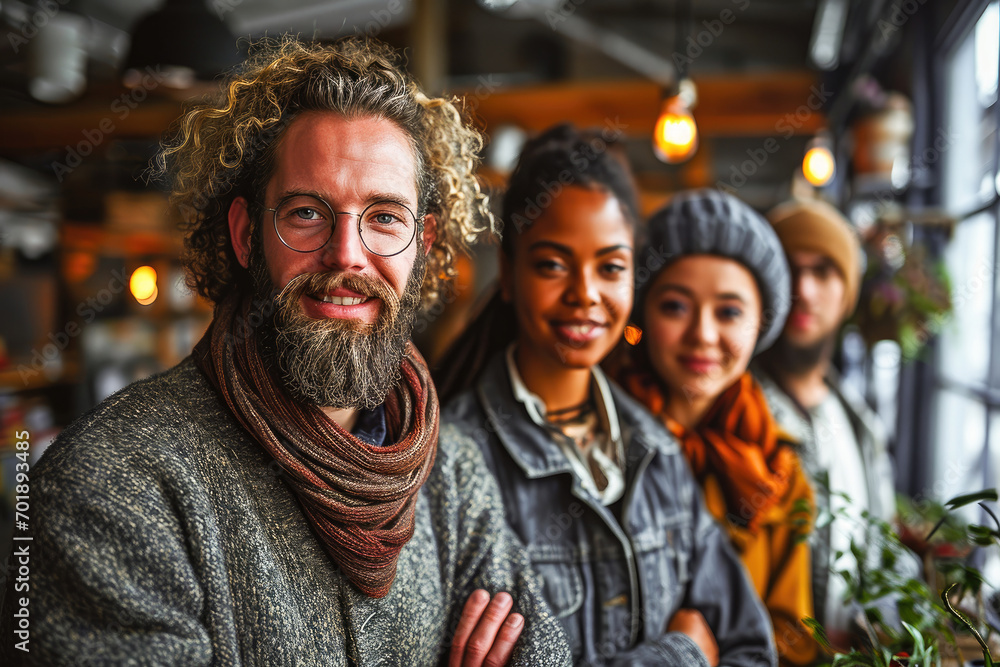 A group of diverse young adults smiling together in a trendy coffee shop, exuding warmth and friendship. A group of diverse young adults smiling together in a trendy coffee shop, exuding warmth and friendship.