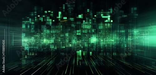 Abstract digital pixel design with a retro computer screen look in green and black on a 3D wall texture, focusing on abstract digital pixel design