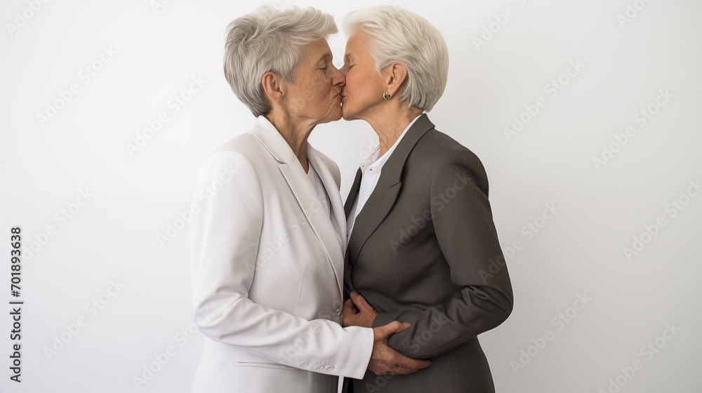 Elderly women dressed elegantly sharing a tender moment with a kiss on a white backdrop. Elderly women dressed elegantly sharing a tender moment with a kiss on a white backdrop.
