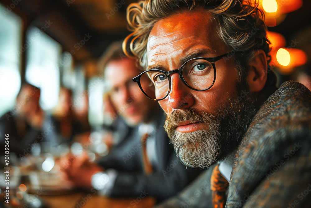 Portrait of a confident bearded man in glasses looking serious and stylish in a corporate setting. Portrait of a confident bearded man in glasses looking serious and stylish in a corporate setting.
