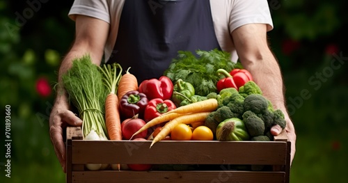 Farmer man in dark clothes holding in his hands wooden case with ripe autumn vegetables. Carrot with tops, pink radish, red pepper, squash, cucumber, onion. Generative AI