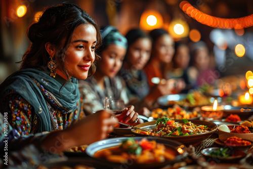 A woman enjoys a festive dinner with friends. The table is filled with delicious food, and the mood is cheerful and warm. © apratim