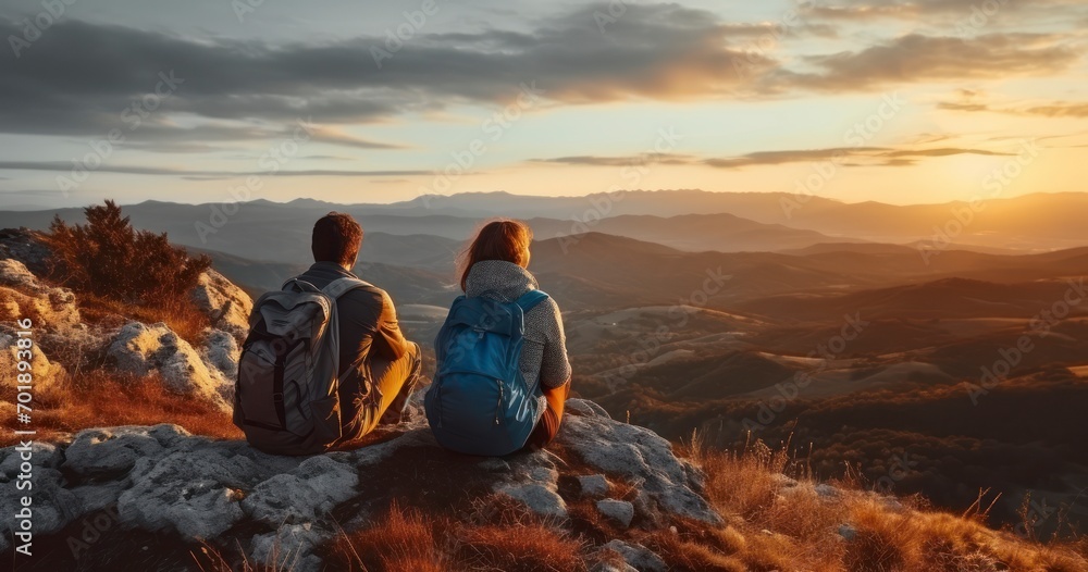 Together at Twilight - Male and Female Hikers Witnessing the Sunset's Splendor. Generative AI