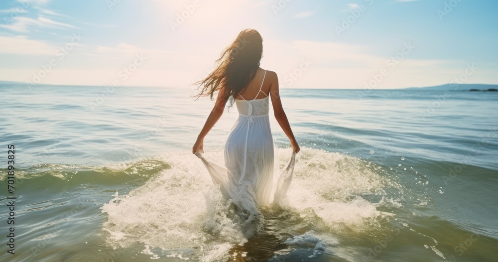 A Woman's Carefree Splashes in the Sea, Celebrating the Essence of Beach Life. Generative AI A Woman's Carefree Splashes in the Sea, Celebrating the Essence of Beach Life. Generative AI