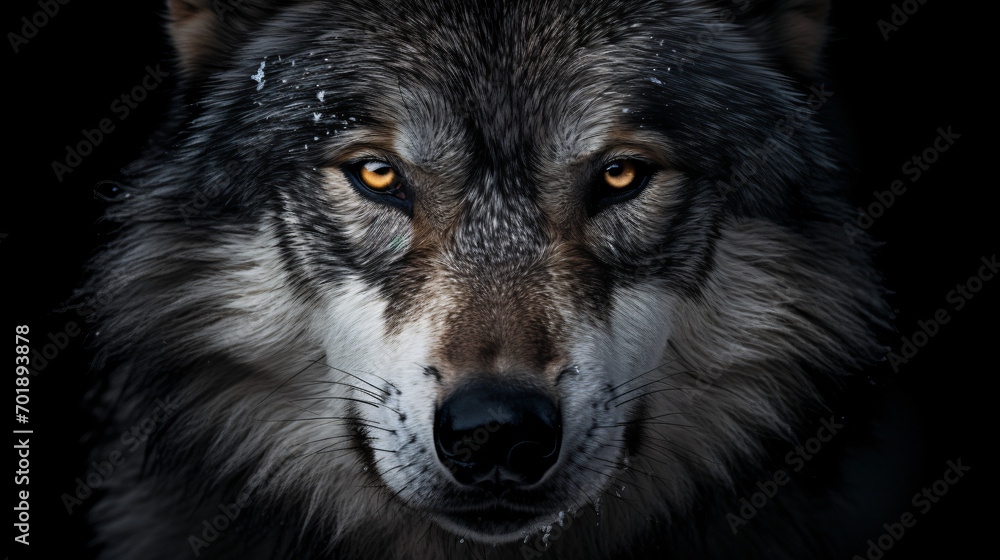 A close up of a wolfs face with an intense look