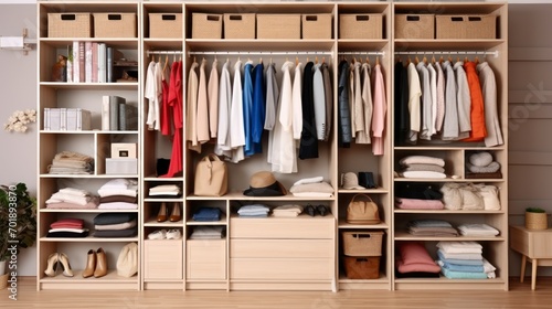 A Spacious Wardrobe Brimming with Diverse Clothing Options for the Perfect Dressing Room. Generative AI