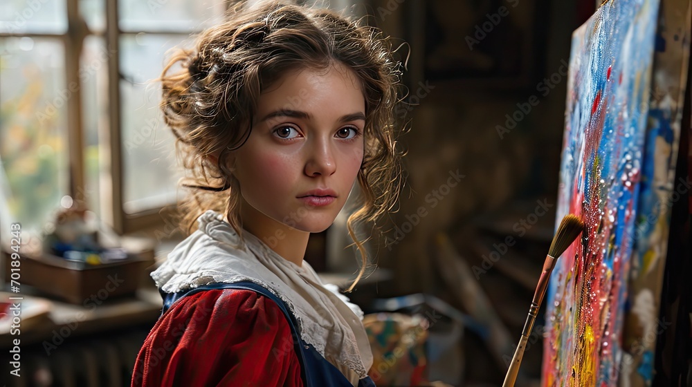 Young Artist in Historical Attire in a Vintage Painting Studio
