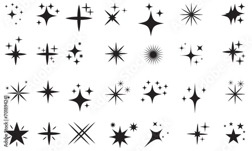 Set of twinkling stars vector.  Shiny sparks icon. Minimalist twinkle star shape symbols. Modern geometric elements  shining star icon set. Twinkling spark and burst  icons set.