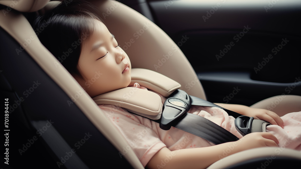 Asian little girl sleeping on safety booster seat Asian little girl sleeping on safety booster seat