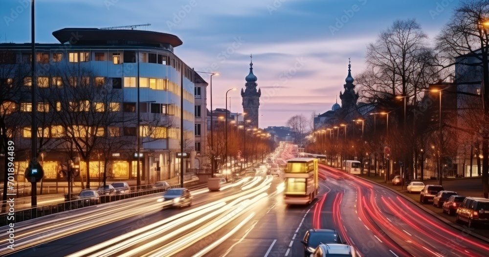 Blurred motion of traffic at dusk. Generative AI