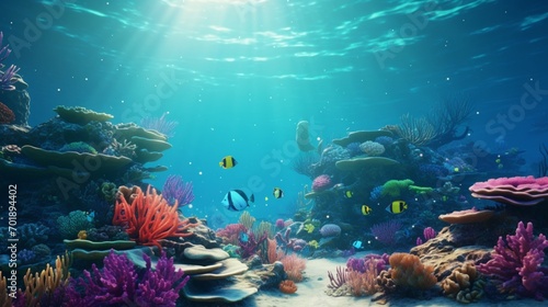 A tranquil underwater scene with a Blue Garnet-encrusted coral reef  teeming with vibrant marine life. 4K  high detailed  full ultra HD  High resolution 8K