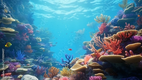 A tranquil underwater scene with a Blue Garnet-encrusted coral reef, teeming with vibrant marine life. 4K, high detailed, full ultra HD, High resolution 8K © Mehran