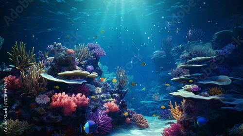 A tranquil underwater scene with a Blue Garnet-encrusted coral reef  teeming with vibrant marine life. 4K  high detailed  full ultra HD  High resolution 8K