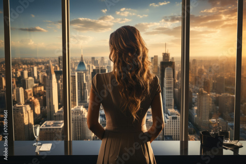 A woman with cascading curls stands by a window, her back to the camera, overlooking a bustling city street as evening light glimmers
