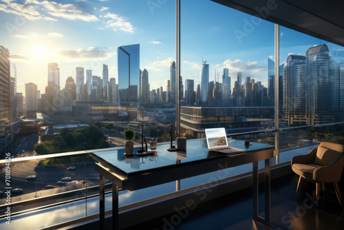 Modern office with a panoramic view of a bustling city skyline during sunrise. A sleek, reflective table holds a laptop, a coffee pot, cup, and a small plant, suggesting a professional setting.