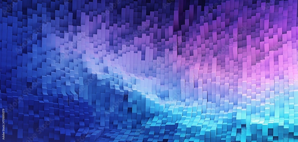 Abstract digital pixel design with a gradient of blues and purples in a wave pattern on a 3D wall, emphasizing abstract digital pixel design