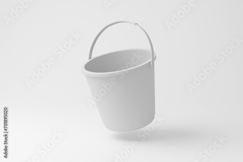 White water bucket floating in mid air on white background in monochrome and minimalism. Illustration of the concept of cleaning and gardening