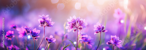 Beautiful spring meadow with purple flowers and bokeh lights