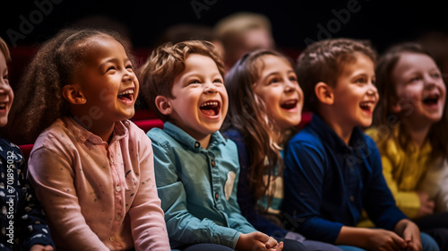 A group of children laughing during a comedic theater performance. photo