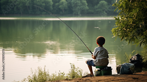 Tranquil moment captures child's lakeside fishing excursion with rod and bucket at ready.