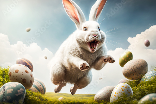 happy Easter bunny jumping with joy with many Easter eggs photo