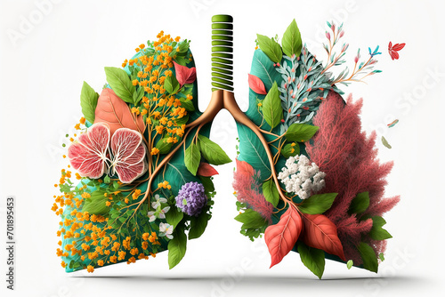 human lungs covered with beautiful flowers, breathing, clear airways photo