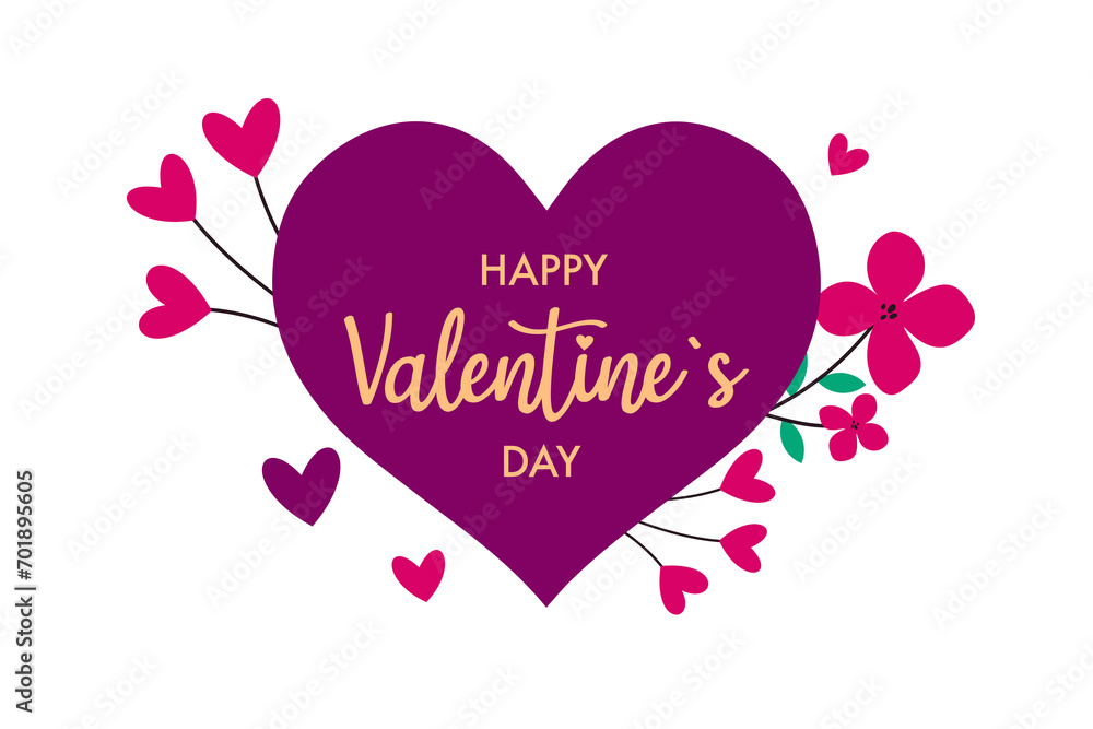 happy valentine's day  card with heart shape and flowers flat design 