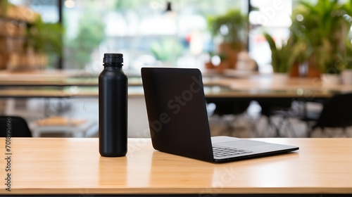 Black Water Bottle and Black Laptop in coworking space (Generative AI).
