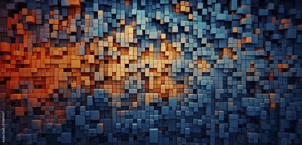Abstract digital pixel design with random pixelated patterns in indigo and orange on a 3D wall texture, representing abstract digital pixel design