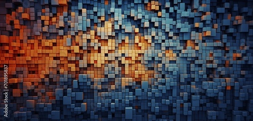 Abstract digital pixel design with random pixelated patterns in indigo and orange on a 3D wall texture  representing abstract digital pixel design