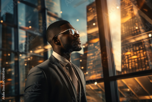 Fototapeta Naklejka Na Ścianę i Meble -  An elegant male figure observes the golden hour over an urban horizon.