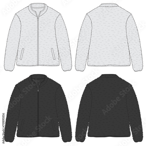 Fleece plush zip-down Jacket flat fashion sketch set vector mockup	