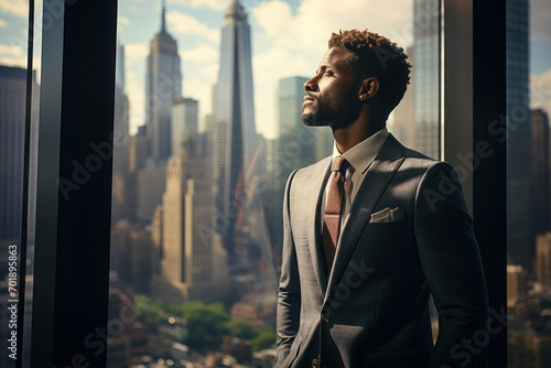 An elegant male figure observes the golden hour over an urban horizon. photo