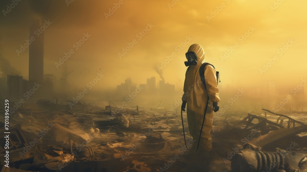 Man In Gas Mask And Hazmat Suit Navigating A World War 3 Post ...