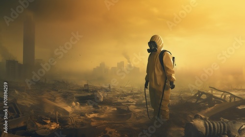 Man In Gas Mask And Hazmat Suit Navigating A World War 3 Post Apocalyptic Nuclear Disaster.   Generative AI .