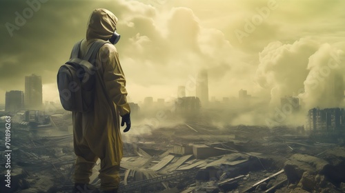 Man In Gas Mask And Hazmat Suit Navigating A World War 3 Post Apocalyptic Nuclear Disaster.  (Generative AI). photo