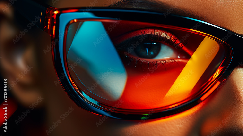 A close-up of a woman's eyes adorned with sleek black rectangular glasses, reflecting light and colors. A close-up of a woman's eyes adorned with sleek black rectangular glasses, reflecting light and colors.