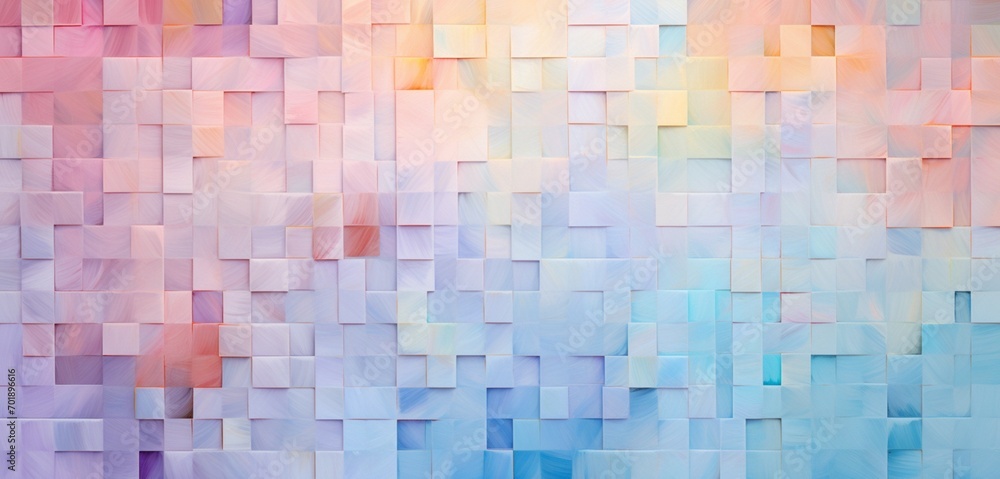 Abstract digital pixel design in a patchwork quilt pattern in pastel colors on a 3D textured wall, illustrating abstract digital pixel design