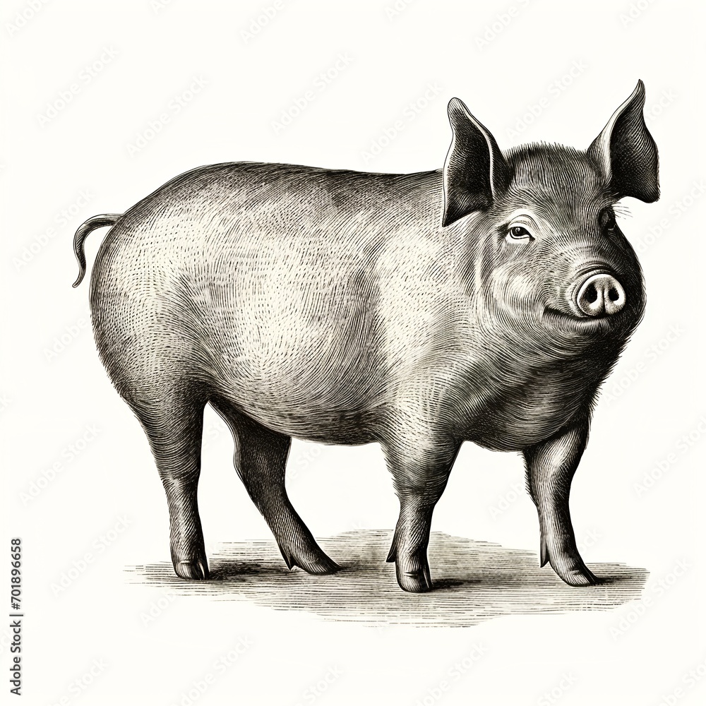 Fototapeta premium Black and white engraving of pig. (Generative AI).