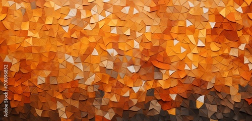 Abstract digital pixel design featuring a mosaic of autumn leaves in orange and brown on a 3D wall texture, exemplifying abstract digital pixel design